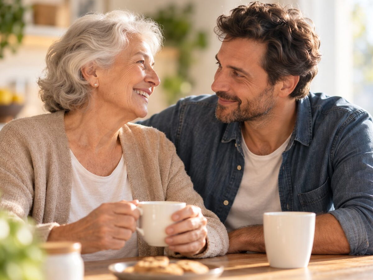 Una donna anziana e il figlio adulto si sorridono mentre prendono un caffè a tavola