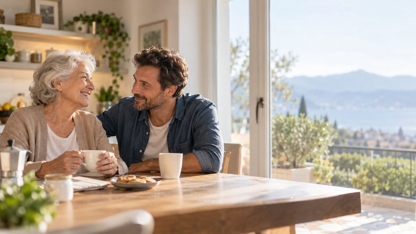 Una donna anziana e il figlio adulto si sorridono a colazione, seduti al tavolo di cucina